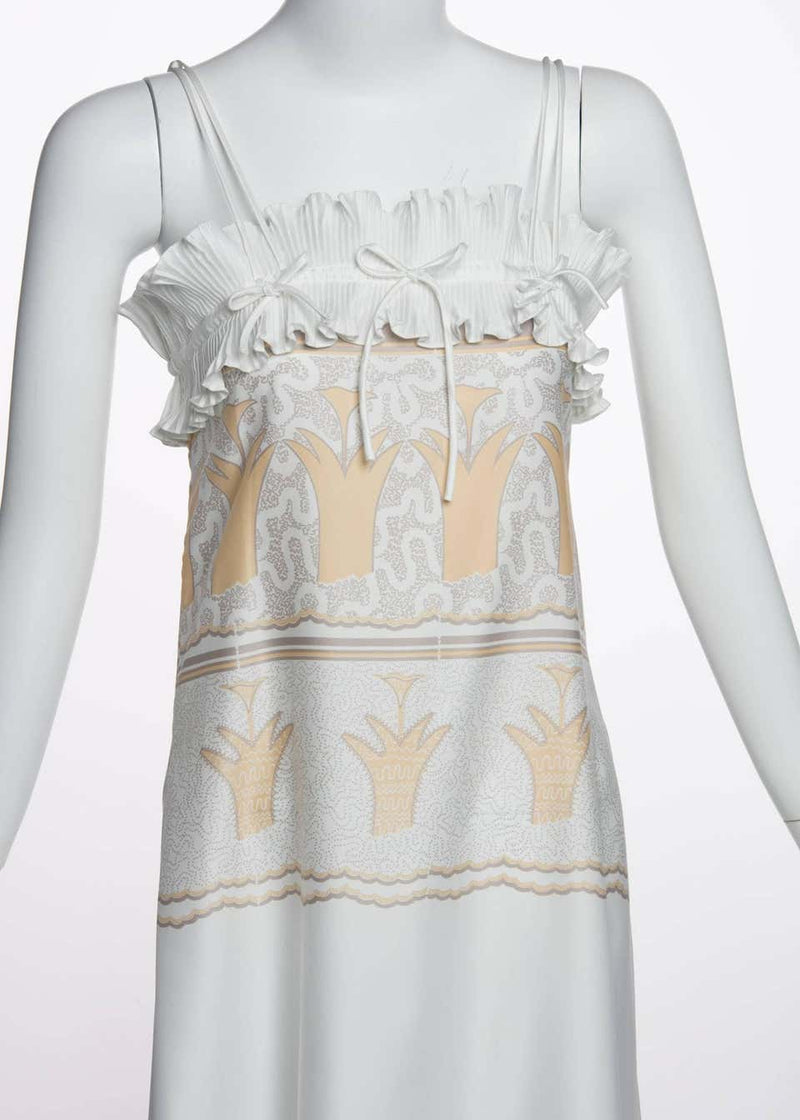 1970s Zandra Rhodes Silky Satin Screen Print Pleats & Bows Lingerie Slip Dress