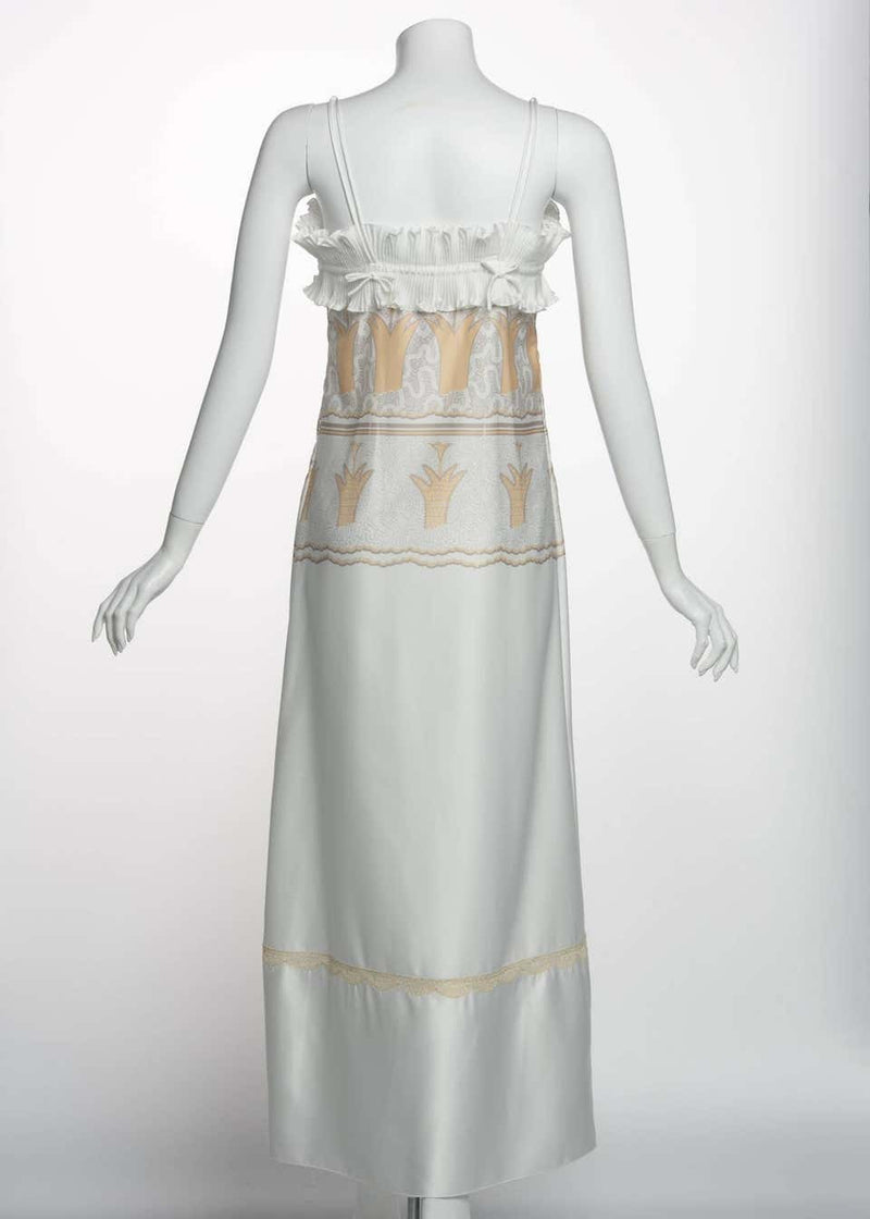1970s Zandra Rhodes Silky Satin Screen Print Pleats & Bows Lingerie Slip Dress