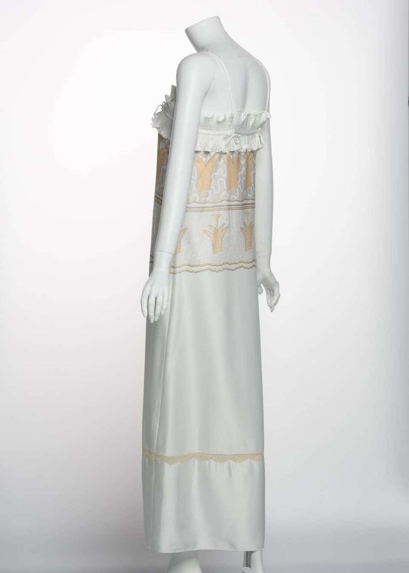 1970s Zandra Rhodes Silky Satin Screen Print Pleats & Bows Lingerie Slip Dress