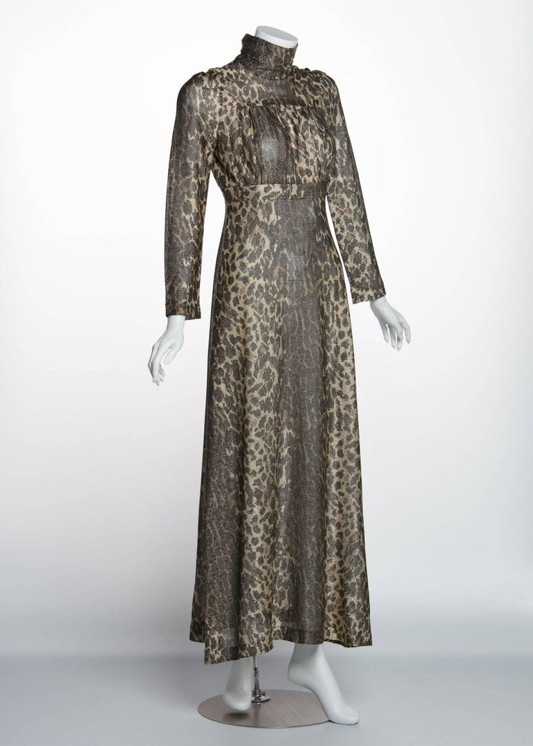 1970s Janice Wainwright Empire Waist Metallic Cheetah Print Maxi Dress