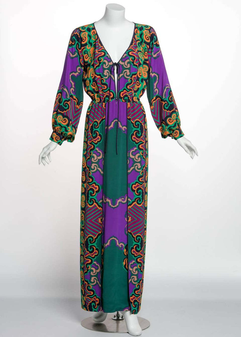 James Galanos Couture Emerald Green and Purple Silk Print Dress, 1970s