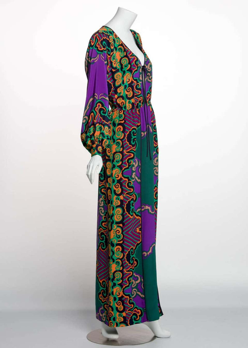 James Galanos Couture Emerald Green and Purple Silk Print Dress, 1970s