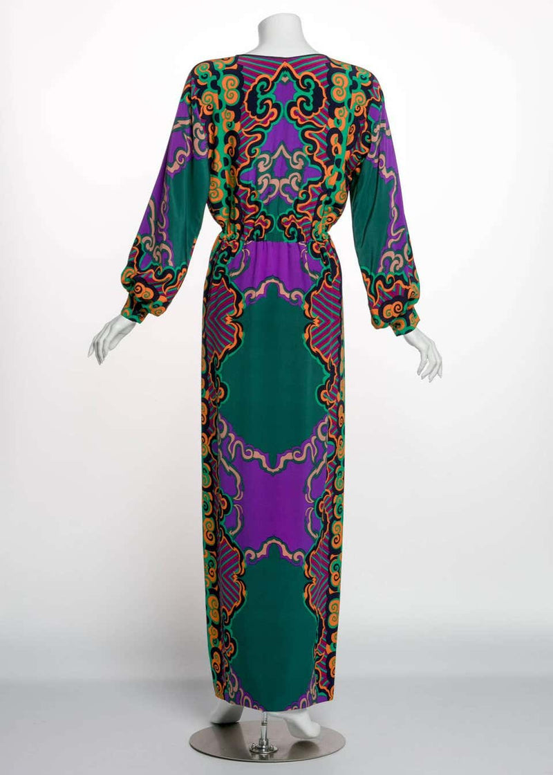 James Galanos Couture Emerald Green and Purple Silk Print Dress, 1970s