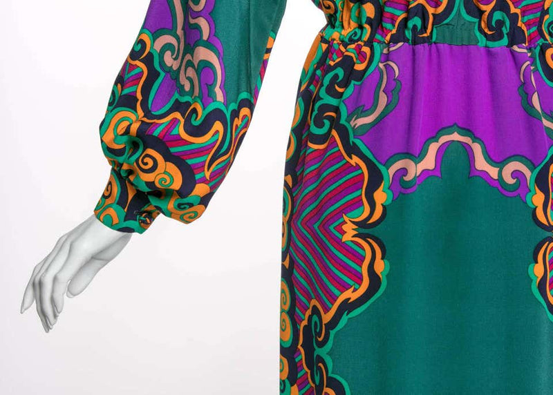 James Galanos Couture Emerald Green and Purple Silk Print Dress, 1970s