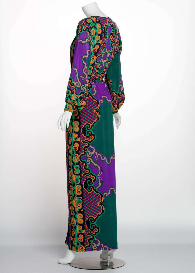 James Galanos Couture Emerald Green and Purple Silk Print Dress, 1970s