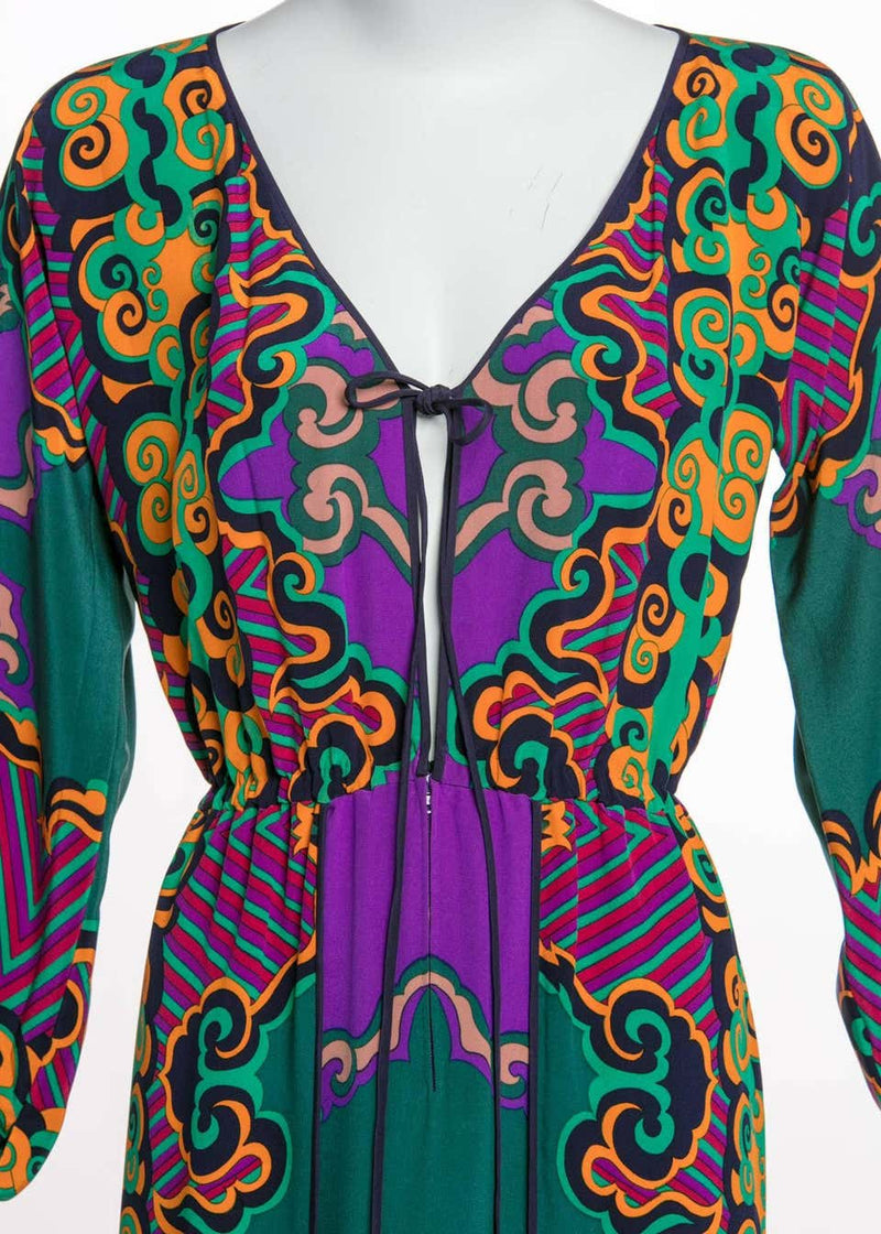 James Galanos Couture Emerald Green and Purple Silk Print Dress, 1970s