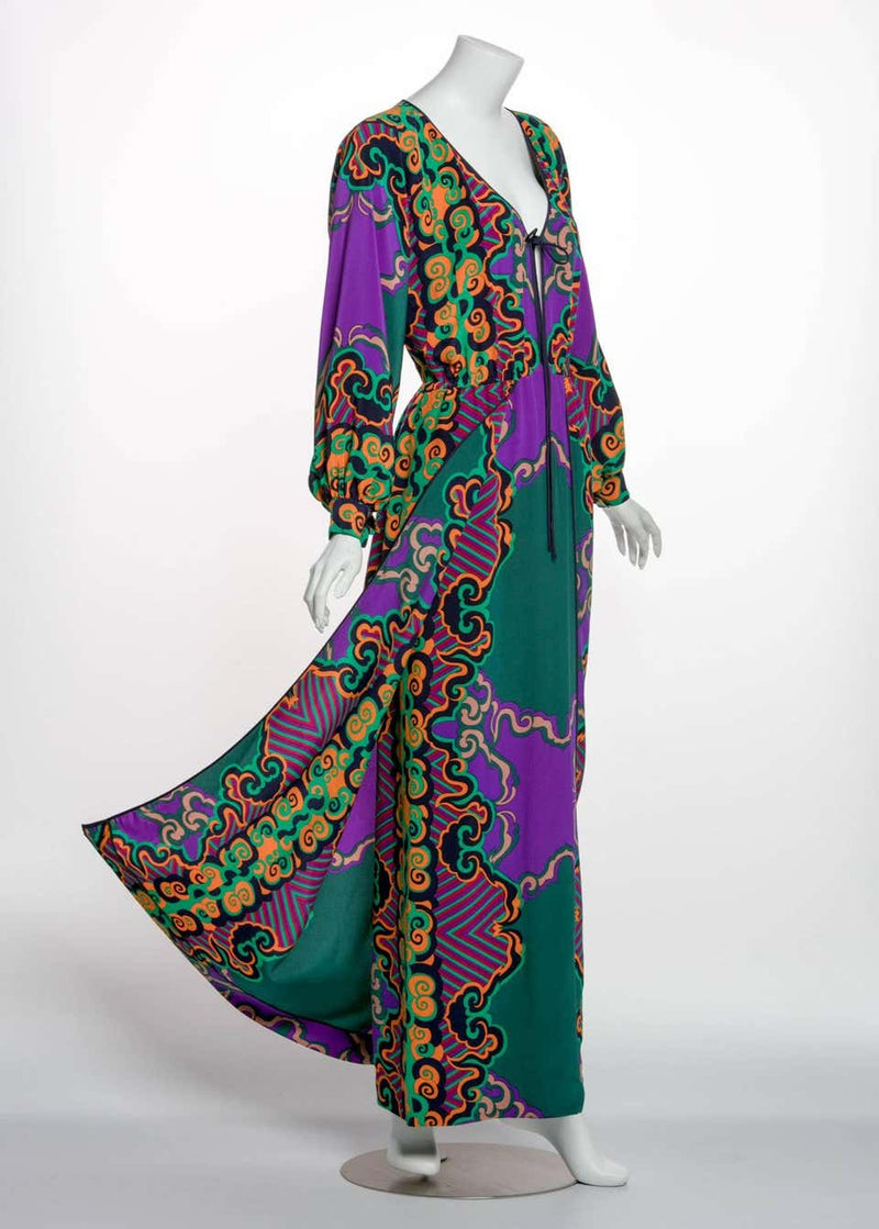 James Galanos Couture Emerald Green and Purple Silk Print Dress, 1970s