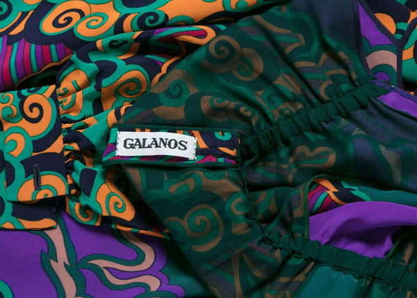 James Galanos Couture Emerald Green and Purple Silk Print Dress, 1970s