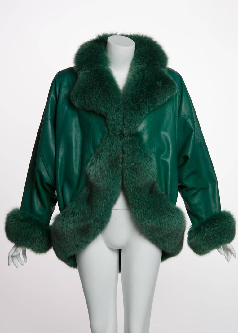 1980s Jean Claude Jitrois Jewel Green Leather Dolman Sleeve Fox Fur Trimmed Coat