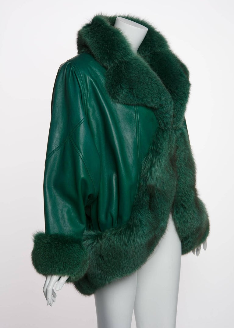 1980s Jean Claude Jitrois Jewel Green Leather Dolman Sleeve Fox Fur Trimmed Coat