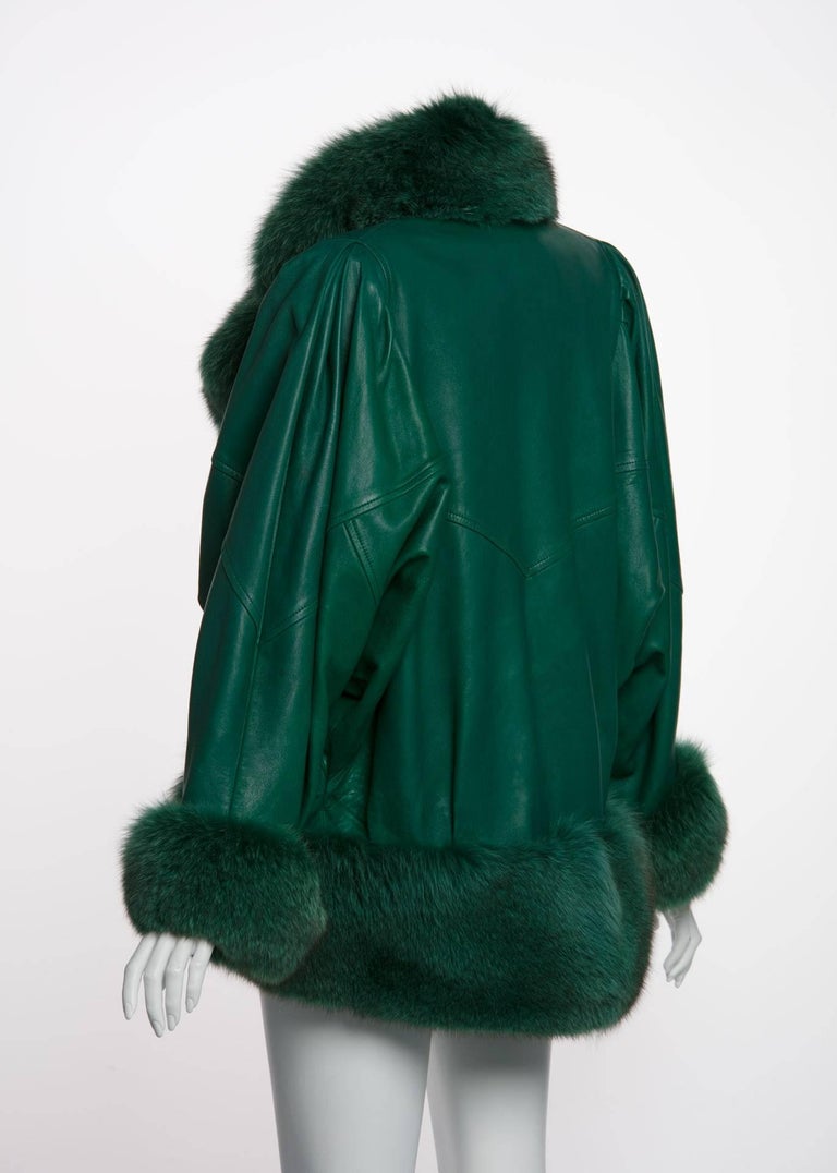 1980s Jean Claude Jitrois Jewel Green Leather Dolman Sleeve Fox Fur Trimmed Coat