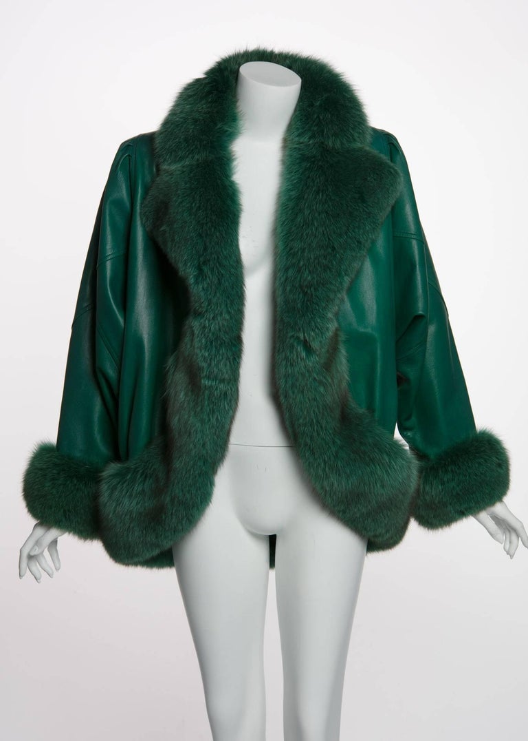 1980s Jean Claude Jitrois Jewel Green Leather Dolman Sleeve Fox Fur Trimmed Coat