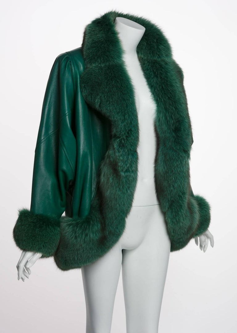 1980s Jean Claude Jitrois Jewel Green Leather Dolman Sleeve Fox Fur Trimmed Coat