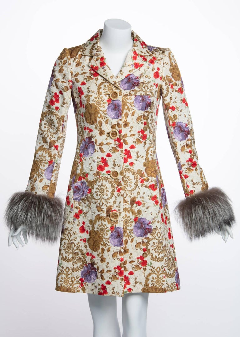 1990s Tuleh Brocade Floral Print Metallic Filigree Genuine Fox Fur Trim Coat