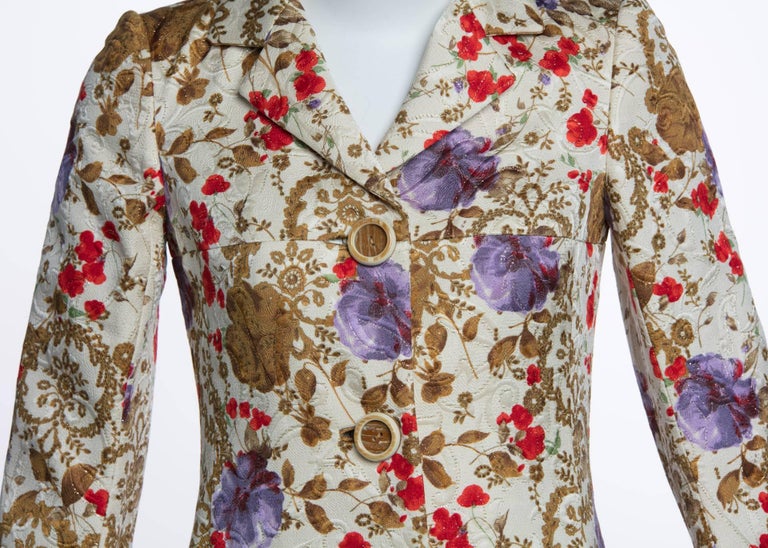 1990s Tuleh Brocade Floral Print Metallic Filigree Genuine Fox Fur Trim Coat