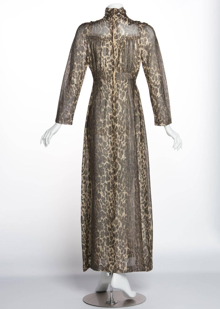1970s Janice Wainwright Empire Waist Metallic Cheetah Print Maxi Dress