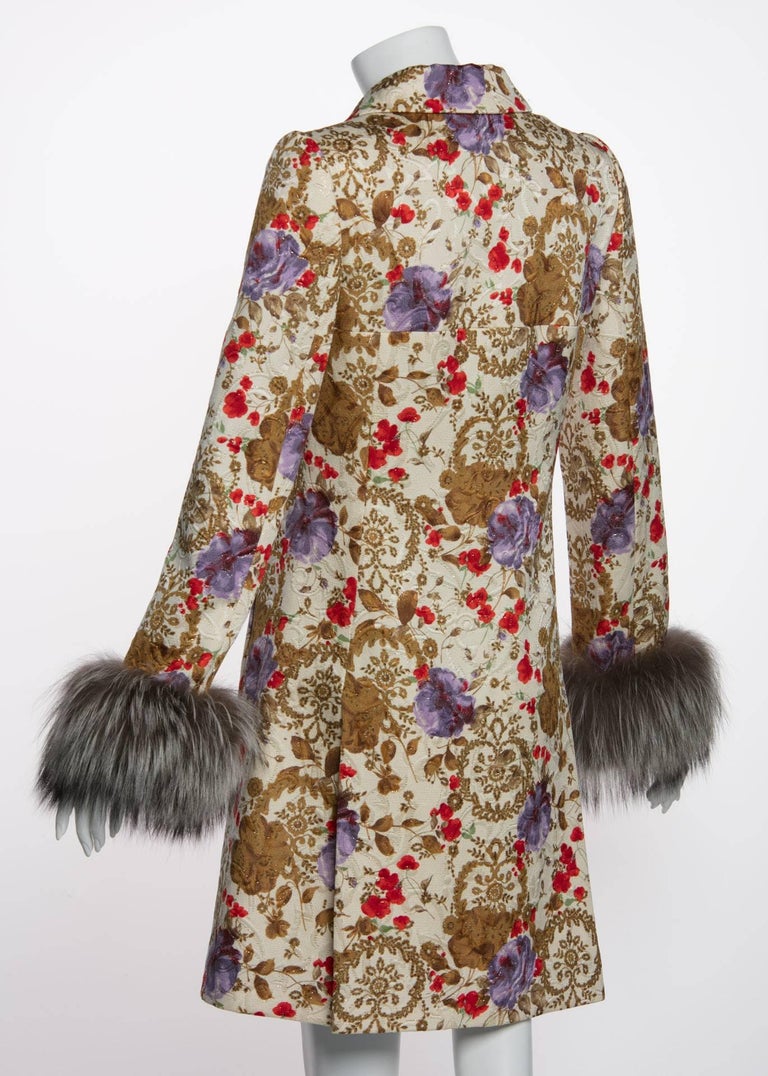 1990s Tuleh Brocade Floral Print Metallic Filigree Genuine Fox Fur Trim Coat