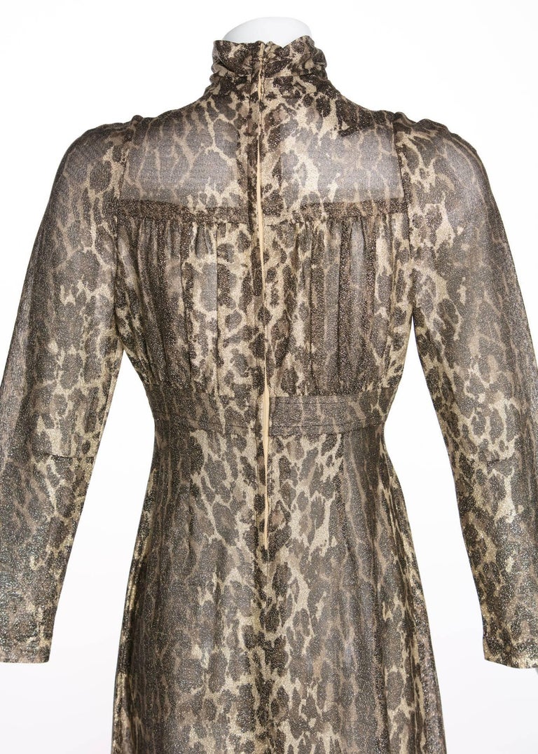 1970s Janice Wainwright Empire Waist Metallic Cheetah Print Maxi Dress