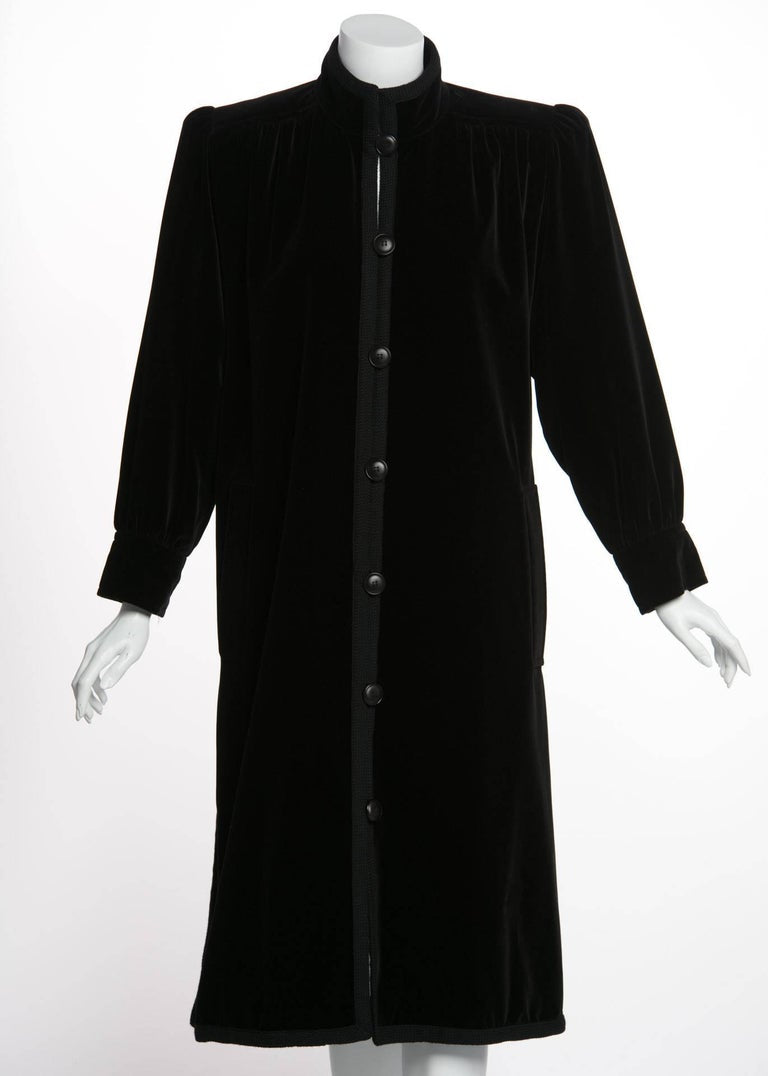 1970s Yves Saint Laurent YSL Black Velvet Passementerie Trim Button Front Coat
