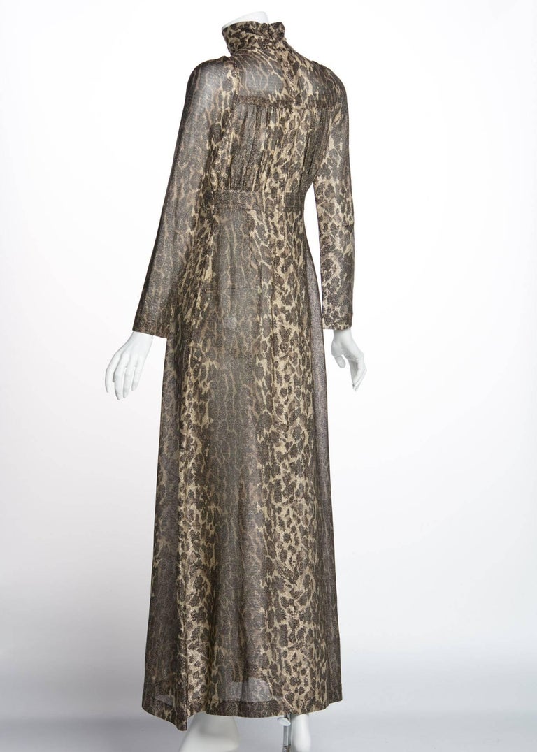 1970s Janice Wainwright Empire Waist Metallic Cheetah Print Maxi Dress