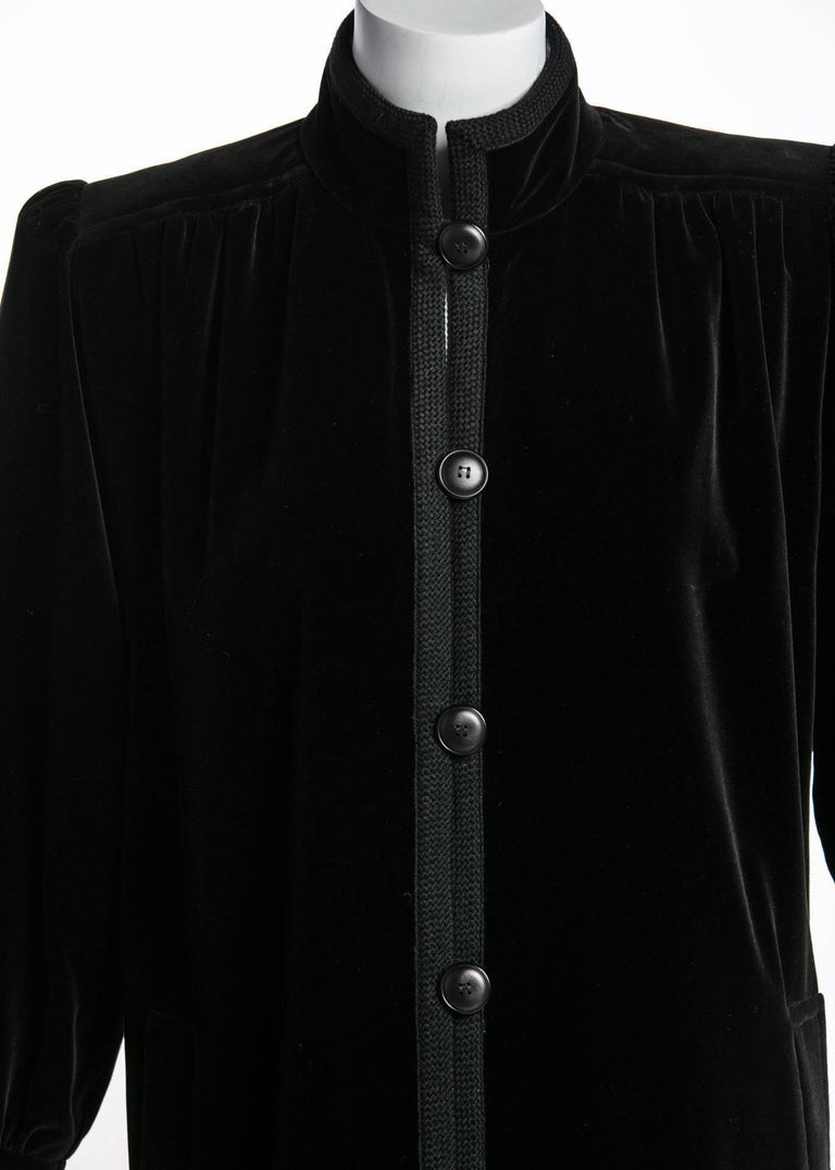 1970s Yves Saint Laurent YSL Black Velvet Passementerie Trim Button Front Coat