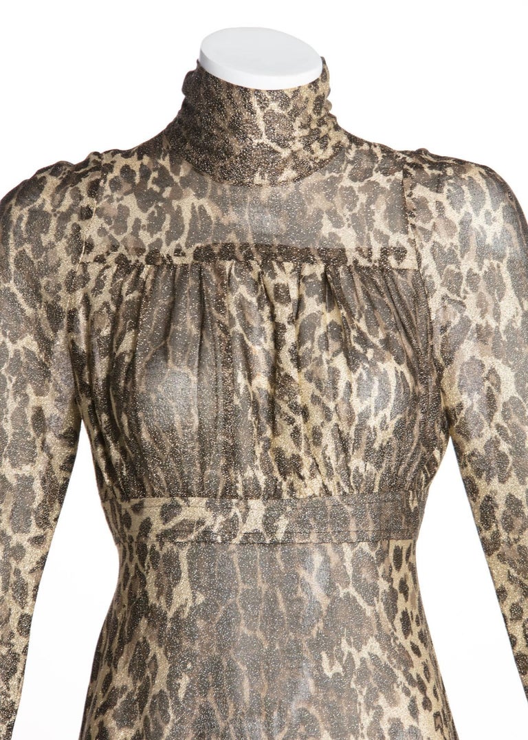 1970s Janice Wainwright Empire Waist Metallic Cheetah Print Maxi Dress