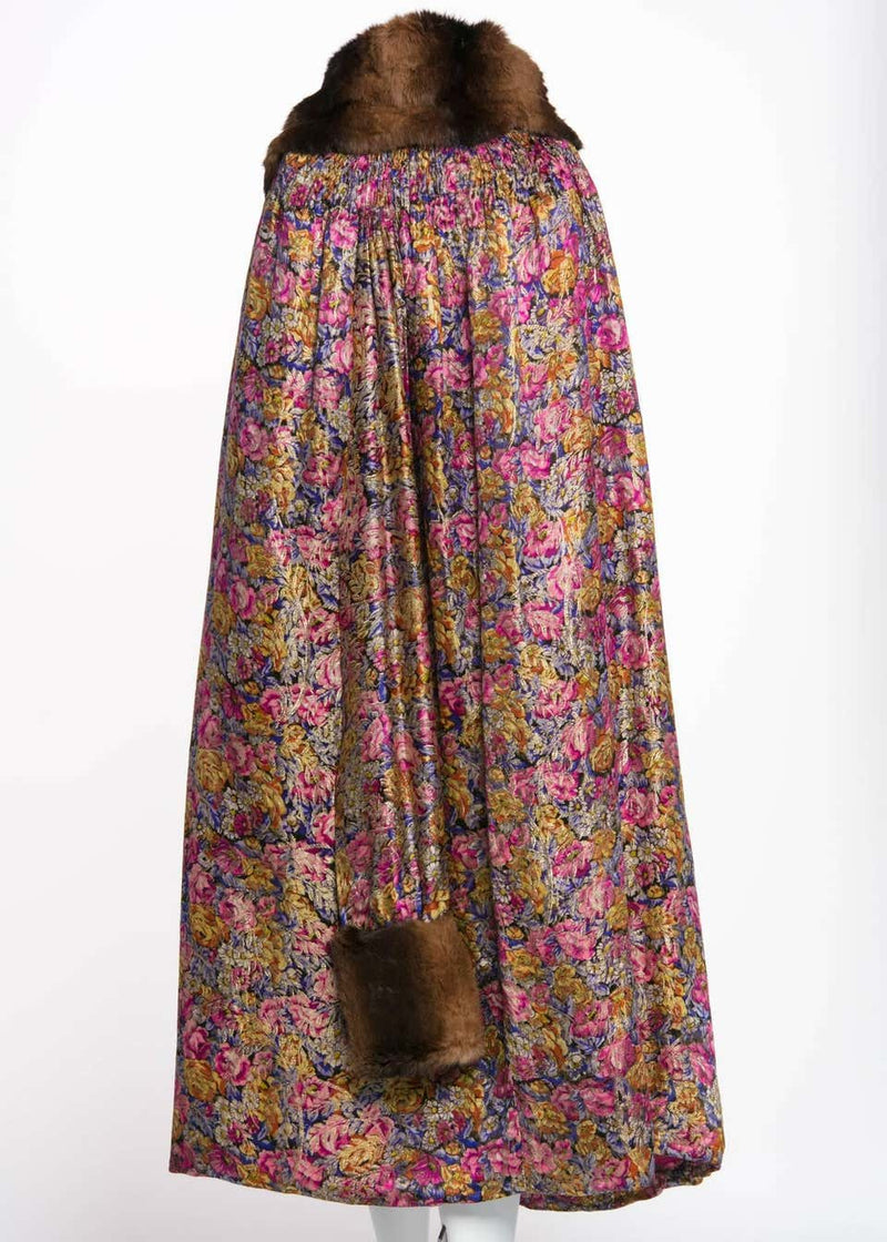 Floral Silk Metallic Lamé and Pink Velvet Fur Collar Flapper Coat Cape, 1920s