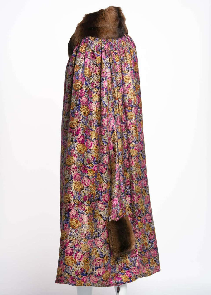 Floral Silk Metallic Lamé and Pink Velvet Fur Collar Flapper Coat Cape, 1920s
