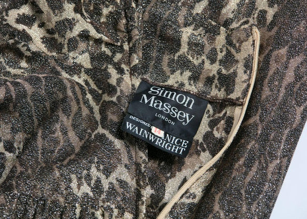 1970s Janice Wainwright Empire Waist Metallic Cheetah Print Maxi Dress