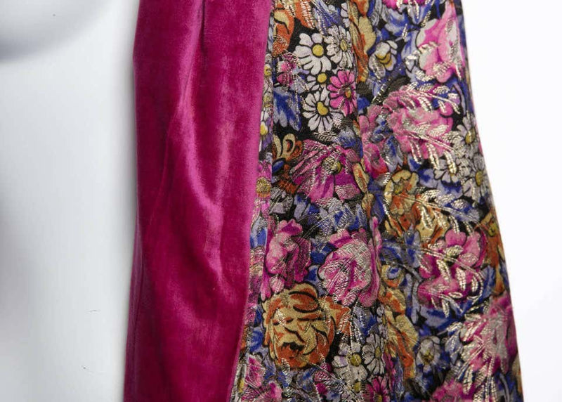 Floral Silk Metallic Lamé and Pink Velvet Fur Collar Flapper Coat Cape, 1920s