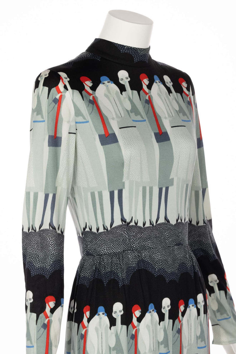 Adele Simpson Flapper Lady Print Maxi Dress, 1970s