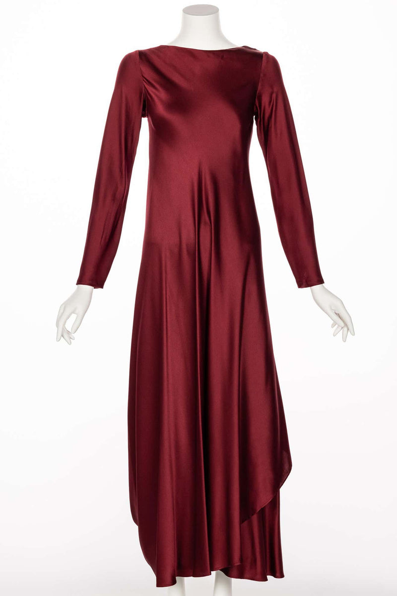 1970s Stavropoulos Couture Burgundy Draped Silk Dress