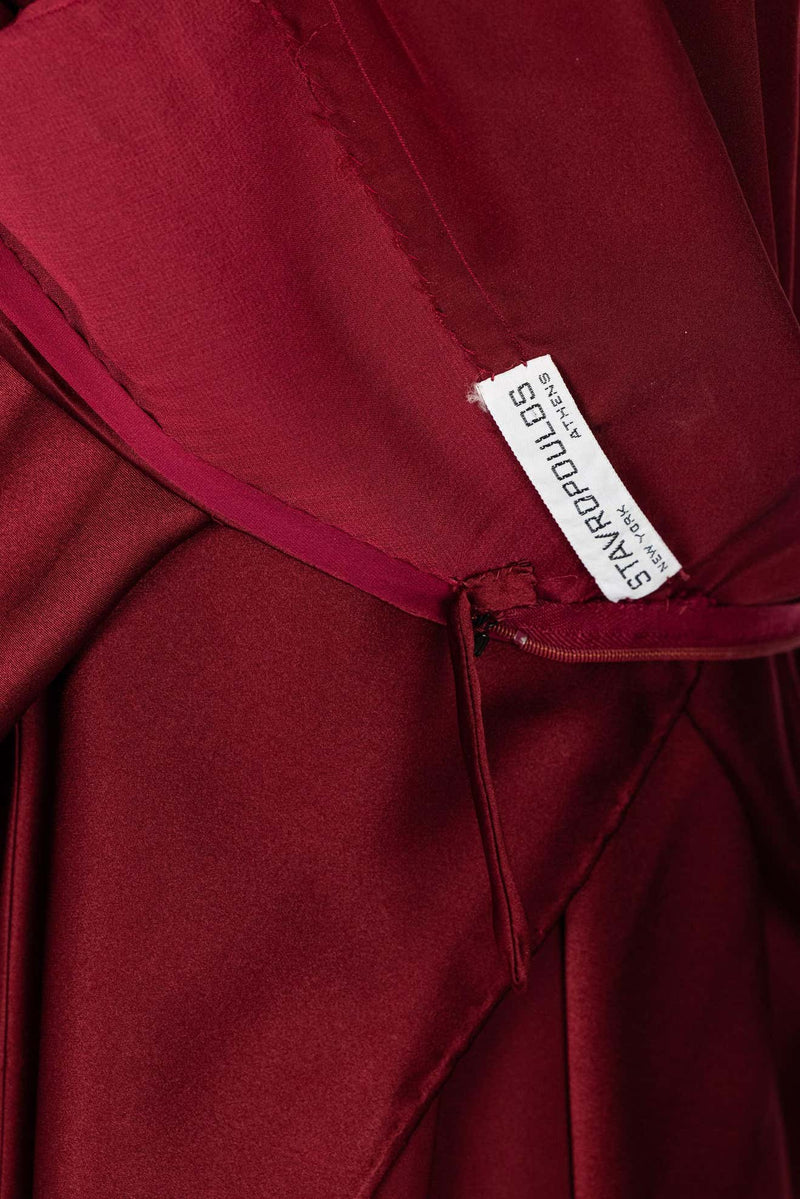 1970s Stavropoulos Couture Burgundy Draped Silk Dress