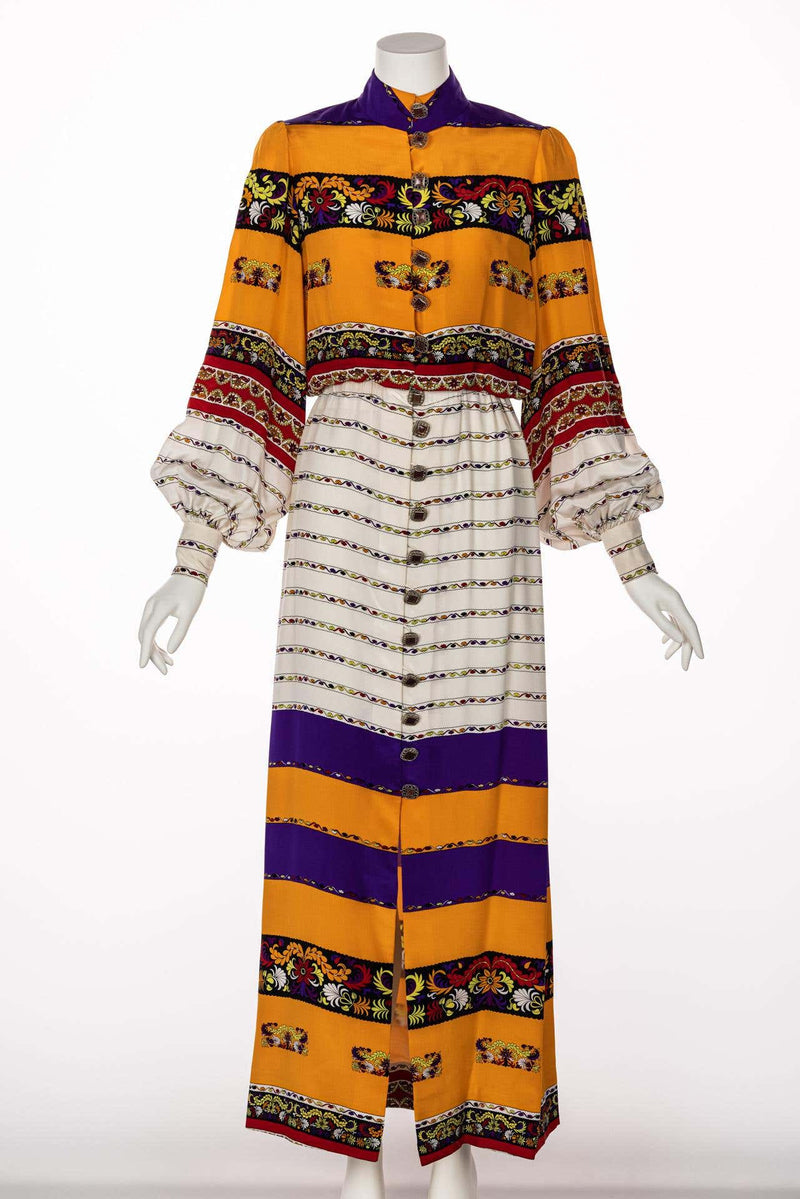 Ronald Amey Couture Beautiful printed Elaborate Buttons Maxi Dress, 1970s