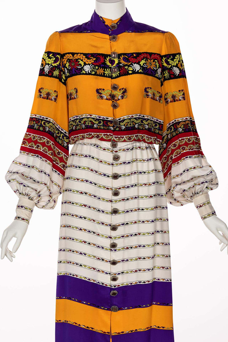 Ronald Amey Couture Beautiful printed Elaborate Buttons Maxi Dress, 1970s