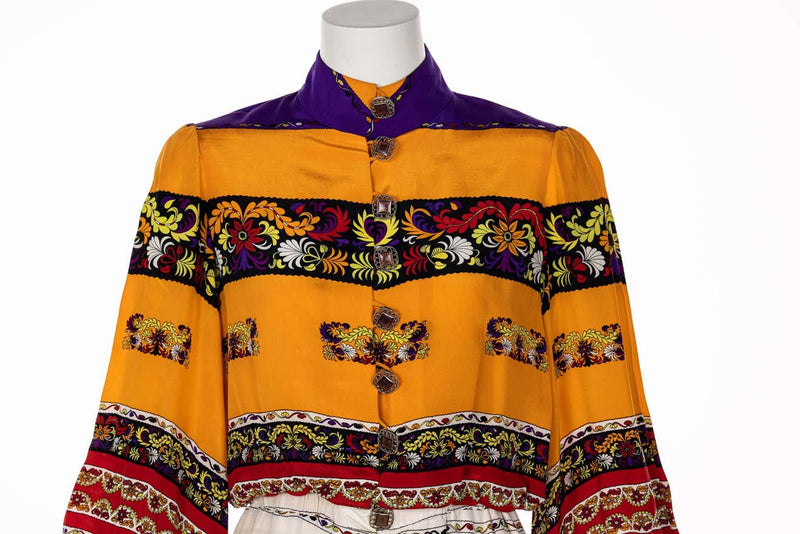 Ronald Amey Couture Beautiful printed Elaborate Buttons Maxi Dress, 1970s