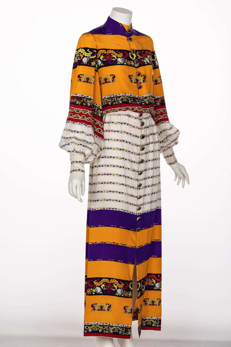Ronald Amey Couture Beautiful printed Elaborate Buttons Maxi Dress, 1970s