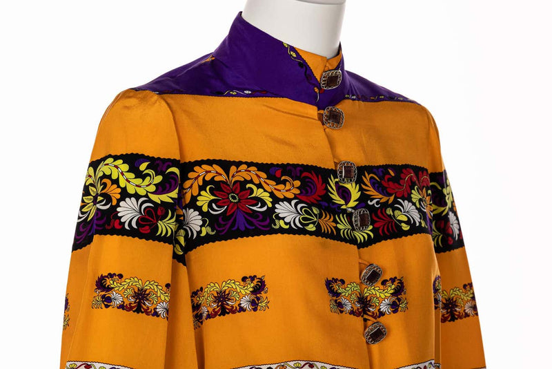 Ronald Amey Couture Beautiful printed Elaborate Buttons Maxi Dress, 1970s
