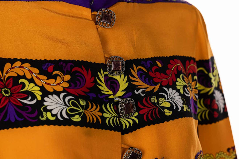 Ronald Amey Couture Beautiful printed Elaborate Buttons Maxi Dress, 1970s
