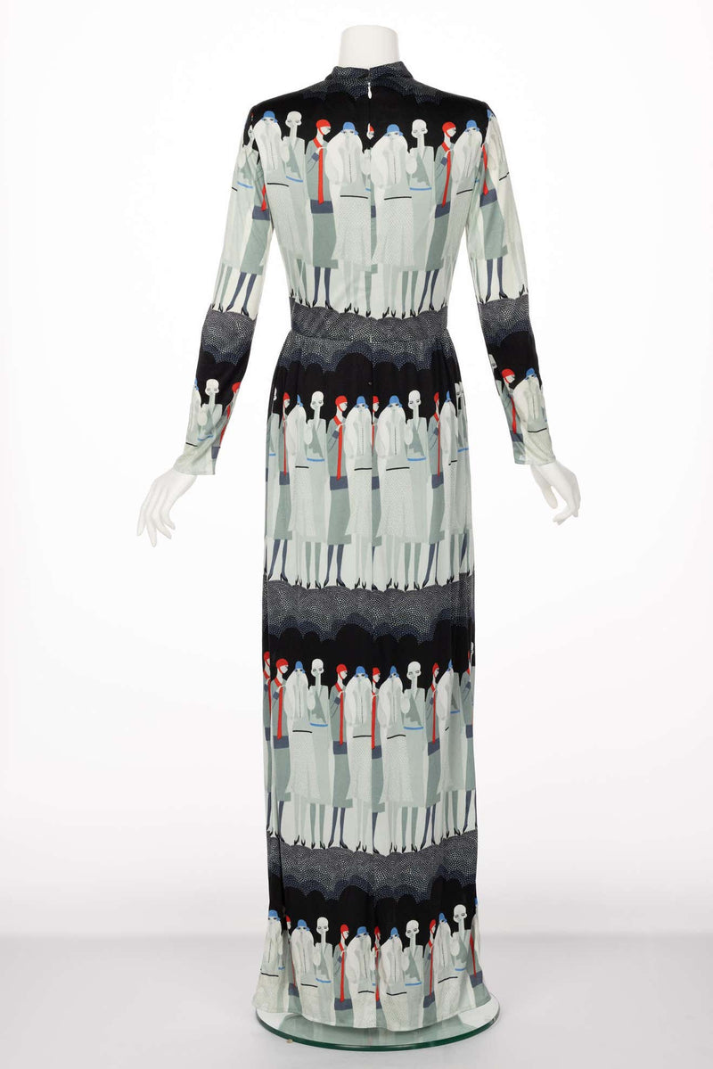 Adele Simpson Flapper Lady Print Maxi Dress, 1970s
