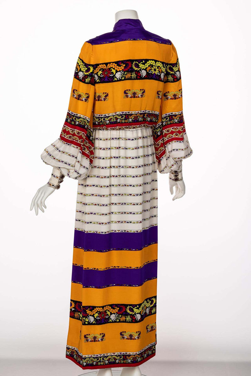 Ronald Amey Couture Beautiful printed Elaborate Buttons Maxi Dress, 1970s