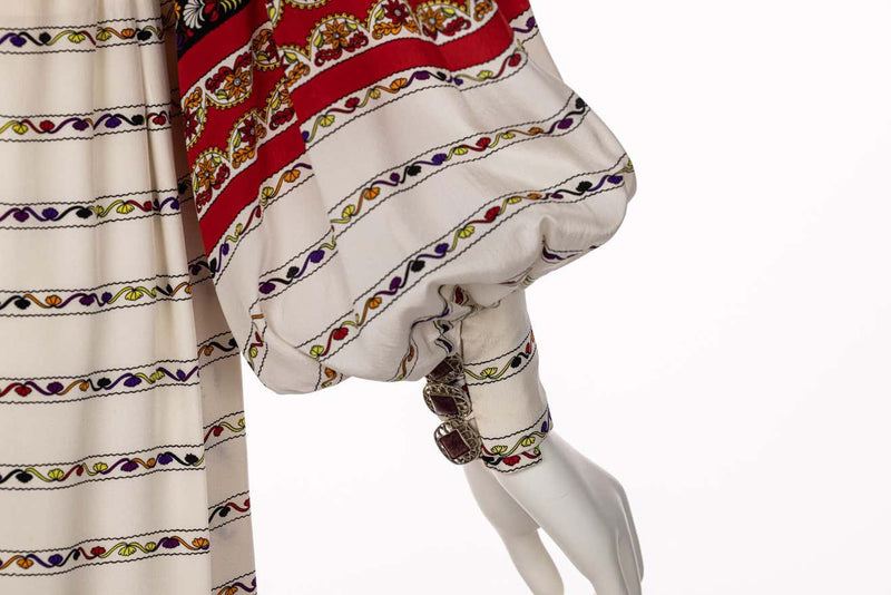 Ronald Amey Couture Beautiful printed Elaborate Buttons Maxi Dress, 1970s