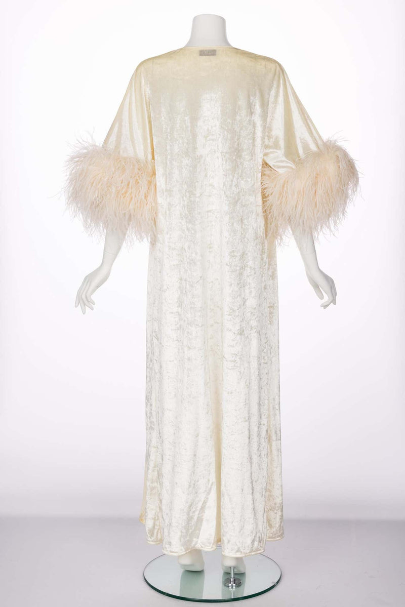 Bill Tice Cream Velvet Feather Trim Caftan Robe 1970s
