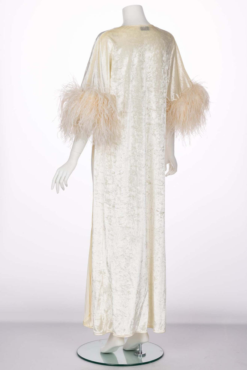 Bill Tice Cream Velvet Feather Trim Caftan Robe 1970s