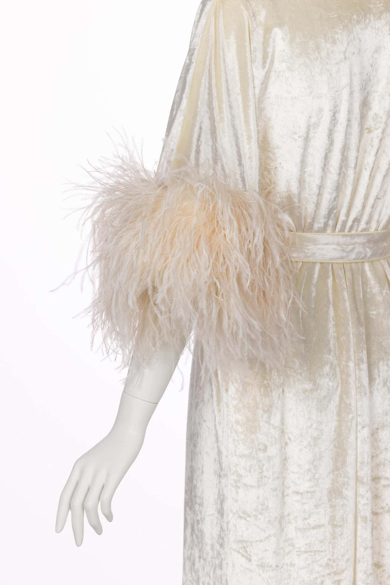 Bill Tice Cream Velvet Feather Trim Caftan Robe 1970s