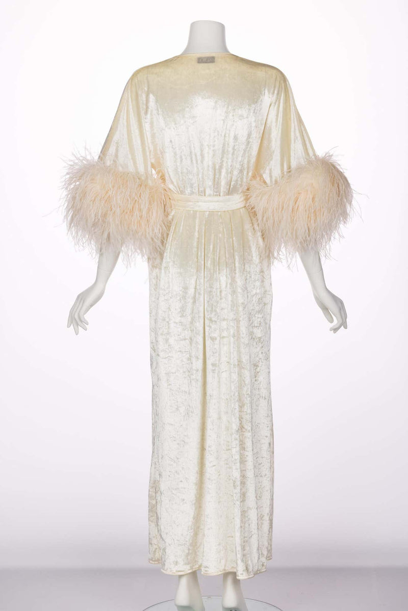Bill Tice Cream Velvet Feather Trim Caftan Robe 1970s