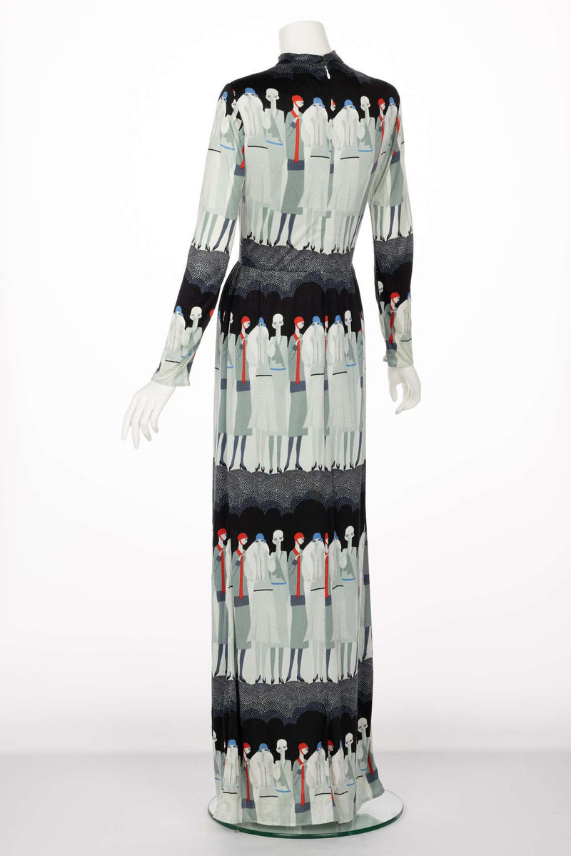 Adele Simpson Flapper Lady Print Maxi Dress, 1970s