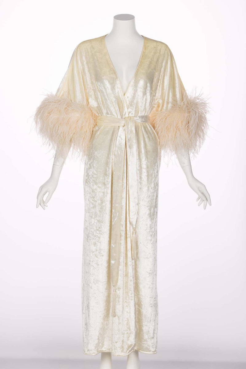 Bill Tice Cream Velvet Feather Trim Caftan Robe 1970s