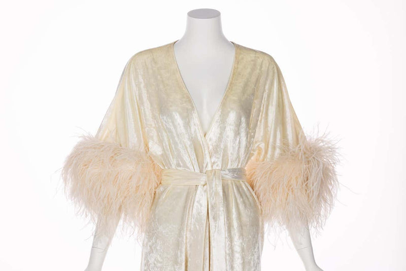 Bill Tice Cream Velvet Feather Trim Caftan Robe 1970s