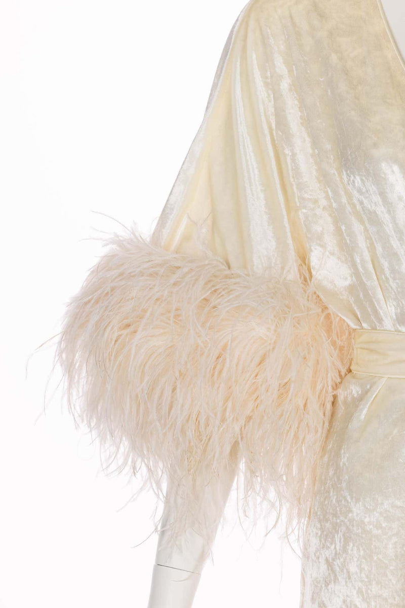 Bill Tice Cream Velvet Feather Trim Caftan Robe 1970s